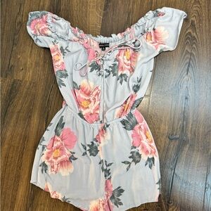 Kendall & Kylie Gray Floral Off-Shoulder Romper with Pink Flowers